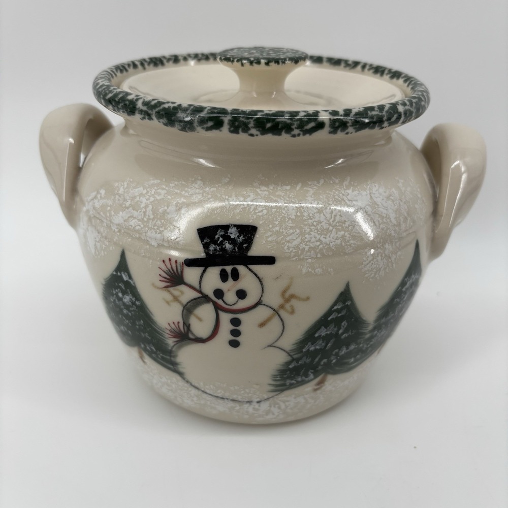 Vtg Patton Snowman Crock Stoneware Pottery W/Lid & Handles Christmas Tree